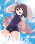  animal_ears bad_id bad_pixiv_id black_hair brown_eyes bunny_ears carrot covered_navel dutch_angle highres inaba_tewi one-piece_swimsuit pokachu school_swimsuit see-through short_hair skin_tight solo swimsuit touhou water 