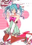  aqua_eyes aqua_hair colorful_drop_(module) colorful_x_melody_(vocaloid) dress flower hair_flower hair_ornament hatsune_miku long_hair one_eye_closed project_diva_(series) project_diva_2nd shoes smile solo strapless strapless_dress thighhighs twintails uso_(ameuzaki) vocaloid zettai_ryouiki 