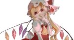 1girl ascot coin crystal_wings flandre_scarlet hand_up hat hat_ribbon highres holding holding_coin long_hair miyangoroge mob_cap pointy_ears puffy_short_sleeves puffy_sleeves red_eyes red_ribbon ribbon short_sleeves side_ponytail simple_background smile touhou upper_body white_background yellow_ascot 