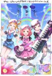  3girls :d ;d ayase_naru beret black_hair blonde_hair blue_eyes blue_shirt blue_shorts blue_sky border brown_eyes closed_mouth cloud collared_dress collared_shirt commentary_request dress drumsticks electric_guitar floating flower fukuhara_ann full_body green_eyes guitar hands_up hat highres holding holding_drumsticks holding_guitar holding_instrument holding_umbrella ice_skates instrument jumping knees_together_feet_apart long_hair looking_at_viewer multicolored_hair multiple_girls multiple_views murakami_hisashi music musical_note one_eye_closed open_mouth outdoors outside_border pink_dress pink_flower pink_hair playing_instrument playing_piano pretty_rhythm pretty_rhythm_rainbow_live pretty_series purple_flower purple_hair rainbow shirt short_hair short_sleeves shorts side_ponytail skates sky smile song_name suzuno_ito translation_request two-tone_hair umbrella white_border white_headwear 