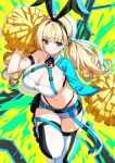  1girl bare_shoulders blonde_hair blue_eyes blush breasts cheerleader cleavage crop_top holding holding_pom_poms large_breasts long_hair looking_at_viewer miniskirt navel open_mouth pleated_skirt pom_pom_(cheerleading) saitou_masatsugu skirt skytube smile solo usada_mimi(skytube) 