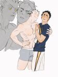  2boys akaashi_keiji averting_eyes black_eyes black_hair blue_eyes blue_shirt blush bokuto_koutarou boxer_briefs chengongzi123 chinese_commentary closed_eyes closed_mouth colored_eyelashes commentary_request cropped_legs facing_another grey_hair grey_male_underwear haikyuu!! hand_on_own_hip hands_up highres holding hug looking_at_another male_focus male_underwear multicolored_hair multiple_boys multiple_views open_mouth pants parted_lips shirt short_hair simple_background slit_pupils smile standing streaked_hair t-shirt thick_eyebrows underwear very_short_hair white_background yaoi yellow_eyes 