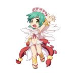  1girl :d aqua_hair arm_up armpits bangle bikini bracelet bracer breasts brown_footwear chibi cleavage feather_trim feathered_wings feet flip-flops flower full_body green_eyes head_wreath heart jewelry large_breasts legs looking_at_viewer medium_bangs nail_polish navel official_art open_mouth pink_flower ragnarok_online sandals short_hair simple_background smile solo standing standing_on_one_leg swimsuit tachi-e toes transparent_background wanderer_(ragnarok_online) waving whip white_bikini white_wings wings yuichirou 