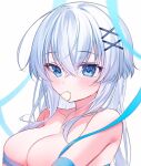  1girl blue_eyes blue_ribbon blurry blurry_foreground blush breasts cleavage closed_mouth collarbone commentary_request depth_of_field gyozanuko hair_between_eyes hair_ornament hairclip heart heart-shaped_pupils large_breasts long_hair looking_at_viewer mouth_hold naked_ribbon original partial_commentary ribbon simple_background solo symbol-shaped_pupils upper_body white_background white_hair x_hair_ornament 