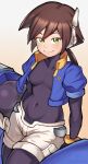  absurdres aile_(mega_man_zx) blue_jacket bonoshii breasts brown_hair covered_navel cowboy_shot cropped_jacket green_eyes highres jacket linea_alba long_hair looking_at_viewer mega_man_(series) mega_man_zx mega_man_zx_advent motor_vehicle motorcycle open_mouth ponytail robot_ears short_sleeves shorts small_breasts smile white_background white_shorts yellow_background 