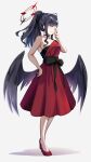  1girl absurdres alternate_costume ankoku_kishi_m black_choker black_eyes black_hair black_wings blue_archive blush breasts choker dress full_body grin high_heels highres ichika_(blue_archive) long_hair medium_breasts one_eye_closed red_dress red_footwear smile solo wings 