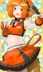  armpits brown_eyes brown_hair daigoman face fingerless_gloves gloves headphones meiko microphone midriff navel sakine_meiko short_hair skirt smile solo vocaloid younger 