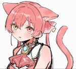  1girl animal_ears ascot blush brooch cat_ears cat_girl cat_tail commentary embarrassed heterochromia highres hololive houshou_marine houshou_marine_(1st_costume) jewelry long_hair looking_at_viewer ohagi_0909 parted_lips red_ascot red_eyes red_hair sketch solo tail tearing_up twintails upper_body virtual_youtuber yellow_eyes 