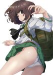  1girl :o absurdres akiyama_yukari ass backpack bag black_neckerchief blouse brown_eyes brown_hair commentary cowboy_shot crotch_seam from_side girls_und_panzer green_skirt hands_up highres long_sleeves looking_at_viewer looking_back messy_hair midriff_peek miniskirt neckerchief ooarai_school_uniform open_mouth panties pantyshot pleated_skirt sailor_collar school_uniform serafuku shiina_excel shirt short_hair simple_background skirt solo standing thighs underwear white_background white_panties white_sailor_collar white_shirt 