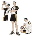  1boy akaashi_keiji arms_up bag black_eyes black_footwear black_hair black_shorts chengongzi123 chinese_commentary closed_mouth commentary_request cropped_legs crossed_arms full_body haikyuu!! highres holding holding_bag jacket looking_at_viewer looking_back male_focus multiple_views shoes short_hair shorts simple_background sitting sneakers sportswear standing very_short_hair volleyball volleyball_uniform white_background 