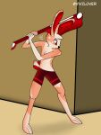 anthro bottomwear brown_body brown_hair clothing fur hair hi_res lagomorph leporid male mammal musical_instrument rabbit red_eyes scut_tail short_tail shorts solo tail vivzlover wall_(structure)