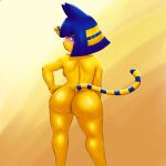 absurd_res animal_crossing ankha_(animal_crossing) big_butt blue_hair butt darkafterdark felid feline female fur hair hi_res humanoid looking_at_viewer looking_back mammal nintendo short_stack solo tail yellow_body yellow_fur