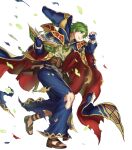  1boy blue_cape blue_gloves book cape damaged dark_blue_gloves fingerless_gloves fire_emblem fire_emblem:_mystery_of_the_emblem fire_emblem_heroes gloves green_eyes green_hair hat highres holding holding_book merric_(fire_emblem) merric_(wind_pontifex)_(fire_emblem) multicolored_cape multicolored_clothes non-web_source official_alternate_costume official_art open_mouth pointy_hat red_cape sandals short_hair solo torn_cape torn_clothes unworn_hat unworn_headwear 