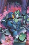  1boy 1girl blue_eyes comic_cover couple english_commentary glowing glowing_eyes glyph_(transformers) hand_on_another&#039;s_chest hand_on_another&#039;s_thigh helmet horns humanoid_robot jlawrence_art josh_burcham official_art robot robot_girl science_fiction tap-out_(transformers) the_transformers_(idw) transformers yellow_eyes 