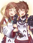  2girls :d ^_^ absurdres aohoshi_non arm_hug armor black_bow black_gloves blush bow breasts brown_background brown_hair closed_eyes commentary_request dress elbow_gloves facing_viewer fan_la_norne gloves hagoromo hair_bow head_tilt highres long_sleeves lora_(xenoblade) low_ponytail multiple_girls pauldrons pleated_skirt ponytail red_skirt ribbon-trimmed_sleeves ribbon_trim shawl shoulder_armor skirt small_breasts smile white_dress wide_sleeves xenoblade_chronicles_(series) xenoblade_chronicles_2 
