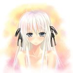  blush grey_eyes hair_ribbon hika_(cross-angel) kasugano_sora long_hair nude ribbon silver_hair solo yosuga_no_sora 