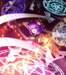  book glowing hair_ornament hieda_no_akyuu ink looking_at_viewer magic_circle octagram open_book pentagram purple_eyes purple_hair ryosios scroll shaded_face short_hair solo touhou 