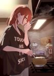  1girl alternate_costume black_shirt bocchi_the_rock! cigarette clothes_writing cooking cooking_pot cowboy_shot english_text expressionless highres indoors juppa_sento kita_ikuyo kitchen long_hair profile red_hair shirt short_sleeves smoke smoking solo standing stove t-shirt 