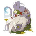  apios bob_cut brown_fur cape colored_skin dress eevee from_side fur-trimmed_cape fur_trim gardevoir green_hair highres mega_gardevoir moss pink_eyes pokemon pokemon_(creature) red_cape sitting two-tone_fur white_dress white_skin 