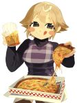  1girl alcohol beer beer_mug black_eyes blonde_hair blush_stickers cheese_trail closed_mouth commentary cowboy_shot cup double-parted_bangs english_commentary eyelashes facing_viewer film_grain flipped_hair food green_pepper hands_up highres holding holding_cup holding_food holding_pizza licking_lips long_sleeves looking_at_viewer medium_hair mug no_lineart paobebe9000 pizza pizza_box raised_eyebrows sidelocks simple_background sitting skirt smile solo sweater tongue tongue_out turtleneck turtleneck_sweater unusually_open_eyes urotsuki white_background white_skirt yume_2kki 