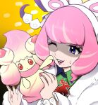  1girl alcremie bracelet collared_shirt drill_hair eyeshadow flipped_hair fur_jacket hairband highres icing jacket jewelry klara_(pokemon) makeup mole mole_under_mouth one_eye_closed pink_eyes pink_eyeshadow pink_hair pink_lips pokemon pokemon_(creature) pokemon_swsh print_shirt purple_eyes shaded_face shirt short_hair sweatdrop twin_drills umashika_(horsedeer) white_hairband white_jacket 