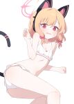  1girl absurdres animal_ear_headphones animal_ears ass bare_arms bare_legs bare_shoulders bikini blonde_hair blue_archive blush bow cat_tail collarbone fake_animal_ears feet_out_of_frame frilled_bikini frills hagoonha hair_bow halo headphones highres looking_at_viewer momoi_(blue_archive) navel open_mouth pink_halo red_bow red_eyes short_hair simple_background solo swimsuit tail white_background white_bikini 