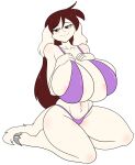 alpha_channel anthro areola areola_slip big_breasts big_ears bikini bovid breasts brown_eyes brown_hair caprine clothing female fur goat hair hands_on_own_breasts hi_res huge_breasts kneeling long_hair looking_at_viewer mammal simple_background skidd solo swimwear tail transparent_background white_body white_fur