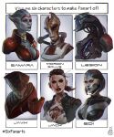  1other 2boys 3girls alien android armor black_eyes black_jacket bra breasts brown_eyes brown_hair cable character_name chest_tattoo colored_sclera criss-cross_halter damaged ear_piercing edi_(mass_effect) english_commentary engrish_commentary eva_kosmos extra_eyes floating_hair frown geth grey_lips halterneck head_tilt highres humanoid_robot jack_(mass_effect) jacket javik_(mass_effect) legion_(mass_effect) looking_ahead looking_at_viewer looking_to_the_side looking_up mass_effect_(series) mass_effect_2 mass_effect_3 medium_hair metal_skin mordin_solus multiple_boys multiple_drawing_challenge multiple_girls neck_tattoo one-eyed parted_lips piercing prothean red_lips robot salarian samara_(mass_effect) science_fiction six_fanarts_challenge small_breasts solid_eyes tattoo undercut underwear v-shaped_eyebrows white_bra white_jacket yellow_sclera 