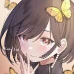 1girl brown_eyes brown_hair bug butterfly earrings hand_up high_collar highres jewelry looking_at_viewer lushuao pearl_earrings portrait project_sekai shinonome_ena short_hair smile solo turtleneck 