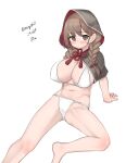  1girl absurdres bikini braid breasts brown_eyes brown_hair capelet cleavage dated feet_out_of_frame grey_hood highres hood hood_up hooded_capelet kantai_collection large_breasts long_hair maru_(marg0613) navel one-hour_drawing_challenge shinshuu_maru_(kancolle) simple_background sitting solo swimsuit twin_braids twitter_username white_background white_bikini 