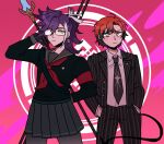  2boys banzoin_hakka black_hair black_pantyhose blue_eyes collared_shirt cosplay crossdressing crossover danganronpa_(series) danganronpa_2:_goodbye_despair english_commentary freckles glasses hands_in_pockets highres holding holding_polearm holding_weapon holostars holostars_english jacket kuzuryu_fuyuhiko kuzuryu_fuyuhiko_(cosplay) long_hair long_sleeves looking_at_another looking_at_viewer machina_x_flayon mechanical_tail ministarfruit multicolored_hair multiple_boys necktie pantyhose pekoyama_peko pekoyama_peko_(cosplay) pink_background pinstripe_pattern pinstripe_suit polearm purple_hair red_hair ribbon school_uniform serafuku shirt short_hair skirt suit tail two-tone_hair upper_body virtual_youtuber weapon 