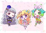  3girls :d ;d blonde_hair blue_bow blue_hair blunt_bangs blush bow braid chibi closed_mouth commentary_request diamond_earrings dress earrings fang flower gradient_hair green_eyes green_hair grey_hair hair_bow hand_on_own_cheek hand_on_own_face hand_up hands_up hat highres idol_clothes idol_time_pripara index_finger_raised jewelry koda_michiru koyoshi_yoko long_hair looking_at_viewer miichiru_(pripara) mini_hat multicolored_hair multiple_girls nijiiro_nino one_eye_closed open_mouth orange_shirt orange_shorts outstretched_arms pink_background pink_bow pink_dress pretty_series pripara purple_dress purple_eyes purple_flower red_eyes ringlets shirt short_hair shorts smile spread_arms standing star_(symbol) star_print swept_bangs triangle_hair_ornament twin_braids two_side_up very_long_hair wavy_hair yumekawa_yui 
