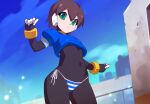  1girl aile_(mega_man_zx) black_bodysuit blue_jacket blue_panties blue_sky blurry blurry_background bodysuit bodysuit_under_clothes brown_hair covered_navel cowboy_shot cropped_jacket green_eyes jacket kaidou_zx looking_at_viewer mega_man_(series) mega_man_zx panties robot_ears short_hair side-tie_panties sky solo striped_clothes striped_panties underwear white_panties 