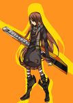  bad_id bad_pixiv_id boots boxcutter brown_hair coat highres iro_marimo kneehighs long_hair original oversized_object pantyhose pleated_skirt red_legwear scarf skirt smile solo striped striped_legwear very_long_hair 