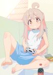  1girl absurdres ahoge bare_legs barefoot blue_shorts blush brown_eyes chips_(food) colored_inner_hair commentary controller eyelashes feet food full_body game_controller grey_hair grin highres holding holding_controller holding_game_controller indoors leaning_to_the_side legs long_hair looking_at_viewer loungewear multicolored_hair onii-chan_wa_oshimai! oyama_mahiro pink_hair potato_chips shadow shiina_excel shirt short_shorts shorts sitting sleeveless sleeveless_shirt smile soda_bottle soles solo spread_legs toe_scrunch toenails toes 