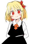  1girl arms_behind_back black_skirt black_vest blonde_hair blush_stickers bow hair_bow ini_(inunabe00) long_sleeves looking_at_viewer medium_hair red_bow red_eyes rumia shirt simple_background skirt smile solo touhou vest white_background white_shirt 