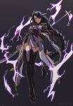  1girl ai_roid armor black_hair black_thighhighs braid breasts closed_mouth electricity full_body genshin_impact hair_ornament highres holding holding_polearm holding_weapon japanese_armor japanese_clothes long_hair looking_at_viewer mole mole_under_eye obi obiage polearm purple_eyes purple_hair raiden_shogun sash simple_background single_braid small_breasts solo thighhighs tomoe_(symbol) twitter_username very_long_hair weapon 