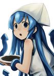  black_spaghetti blue_eyes blue_hair food hat ikamusume jas_(annkoromochi) long_hair pasta shinryaku!_ikamusume solo spaghetti squid_ink 