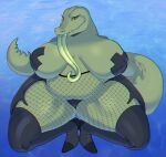 anthro bayley_(tophale) big_breasts boots breasts carpallove clothing crocodile crocodilian crocodylid crouching female fishnet_leggings footwear green_body green_tongue hi_res huge_breasts huge_thighs legwear long_tail long_tongue obese obese_anthro obese_female overweight overweight_anthro overweight_female panties pasties reptile scalie solo tail thick_thighs thigh_boots thigh_highs tongue tongue_out underwear yellow_eyes