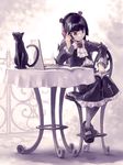  black_cat black_hair book bug butterfly cat cellphone chair computer cravat cross dress flower frills gokou_ruri gothic_lolita grey_legwear hairband highres insect laptop lolita_fashion long_hair mary_janes md5_mismatch mole mole_under_eye open_book ore_no_imouto_ga_konna_ni_kawaii_wake_ga_nai pantyhose phone pomodorosa red_eyes red_flower red_rose rose shoes sitting skirt solo table 