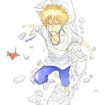  blonde_hair blood denim jeans jewelry looking_at_viewer male_focus necklace origami pants paper_crane shinjou_(kaminomizosirusekai) shirt short_sleeves simple_background solo to_aru_majutsu_no_index tsuchimikado_motoharu white_background white_shirt 