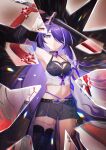  1girl absurdres acheron_(honkai:_star_rail) black_gloves black_shorts commentary crop_top elbow_gloves gloves highres holding holding_sword holding_weapon honkai:_star_rail honkai_(series) katana krispiacity long_hair looking_at_viewer midriff navel parted_lips purple_eyes purple_hair short_shorts shorts single_bare_shoulder single_thighhigh stomach sword thighhighs thighs very_long_hair weapon 