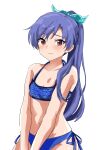  1girl absurdres bare_shoulders bikini blue_bikini blue_hair blush breasts brown_eyes cleavage closed_mouth collarbone flat_chest highres idolmaster idolmaster_(classic) idolmaster_million_live! idolmaster_million_live!_theater_days kisaragi_chihaya koubashiifuna long_hair looking_at_viewer navel shy side-tie_bikini_bottom simple_background solo swimsuit white_background 