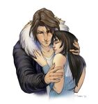  1boy 1girl artist_name black_hair black_jacket blue_sweater brown_eyes brown_hair collarbone collette_curran couple english_commentary final_fantasy final_fantasy_viii fur-trimmed_jacket fur_trim hetero hug jacket looking_down ribbed_sweater rinoa_heartilly scar scar_on_face shirt simple_background sleeveless sleeveless_sweater squall_leonhart sweater upper_body white_background white_shirt 