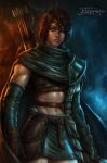  1boy 2024 abs absurdres arm_wrap armor arrow_(projectile) artist_logo bare_legs belt_pouch bishounen black_cape black_scarf bow_(weapon) brown_hair cape circlet commission dagger dragon&#039;s_dogma gloves grey_eyes highres holding holding_dagger holding_knife holding_weapon knife leather leather_belt leather_gloves leather_strap male_focus messy_hair midriff mrelagan navel original pouch quiver scarf shoulder_armor skirt tan upper_body weapon 