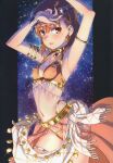  1girl absurdres alternate_costume arabian_clothes armlet armpits arms_up bikini blush bracelet breasts brown_eyes brown_hair cowboy_shot dancer earrings gem gold harem_outfit highleg highres jewelry letterboxed looking_at_viewer misaka_mikoto navel non-web_source outside_border parted_lips raika9 red_gemstone scan short_hair skirt small_breasts smile solo starry_background stomach swimsuit thighlet toaru_kagaku_no_railgun toaru_majutsu_no_index 