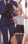  1boy 1girl adjusting_eyewear adjusting_sleeves animal_ears belt biting_own_lip black_thighhighs blonde_hair blurry blurry_background blush braid collarbone earrings einar_(personal_ami) english_commentary flat_chest fox_ears fox_tail garter_straps height_difference highres jewelry khiara_(personal_ami) looking_at_another necklace necktie original pencil_skirt personal_ami shirt signature skirt suit tail thighhighs twin_braids white_shirt 