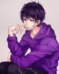  1boy aokamei black_hair black_pants closed_mouth grey_background grey_eyes hood hood_down hoodie long_sleeves male_focus mask mask_pull matsuno_ichimatsu mouth_mask osomatsu-san pants purple_hoodie short_hair simple_background solo sweatpants 