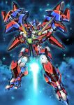  absurdres energy_gun firing garimpeiro glowing glowing_eyes gun highres holding holding_gun holding_weapon mecha mecha_focus merafdin orange_eyes robot science_fiction solo space star_(sky) super_robot_wars super_robot_wars_dd weapon 