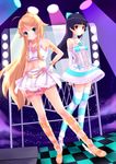  adjusting_clothes adjusting_legwear bad_id bad_pixiv_id black_hair blue_eyes cosplay cross-laced_footwear gokou_ruri highres idol kamon_(shinshin) kousaka_kirino long_hair look-alike midriff mole mole_under_eye multiple_girls navel orange_hair ore_no_imouto_ga_konna_ni_kawaii_wake_ga_nai panties panty_&amp;_stocking_with_garterbelt panty_(psg) panty_(psg)_(cosplay) panty_pull red_eyes sandals stocking_(psg) stocking_(psg)_(cosplay) striped striped_legwear thighhighs underwear very_long_hair 